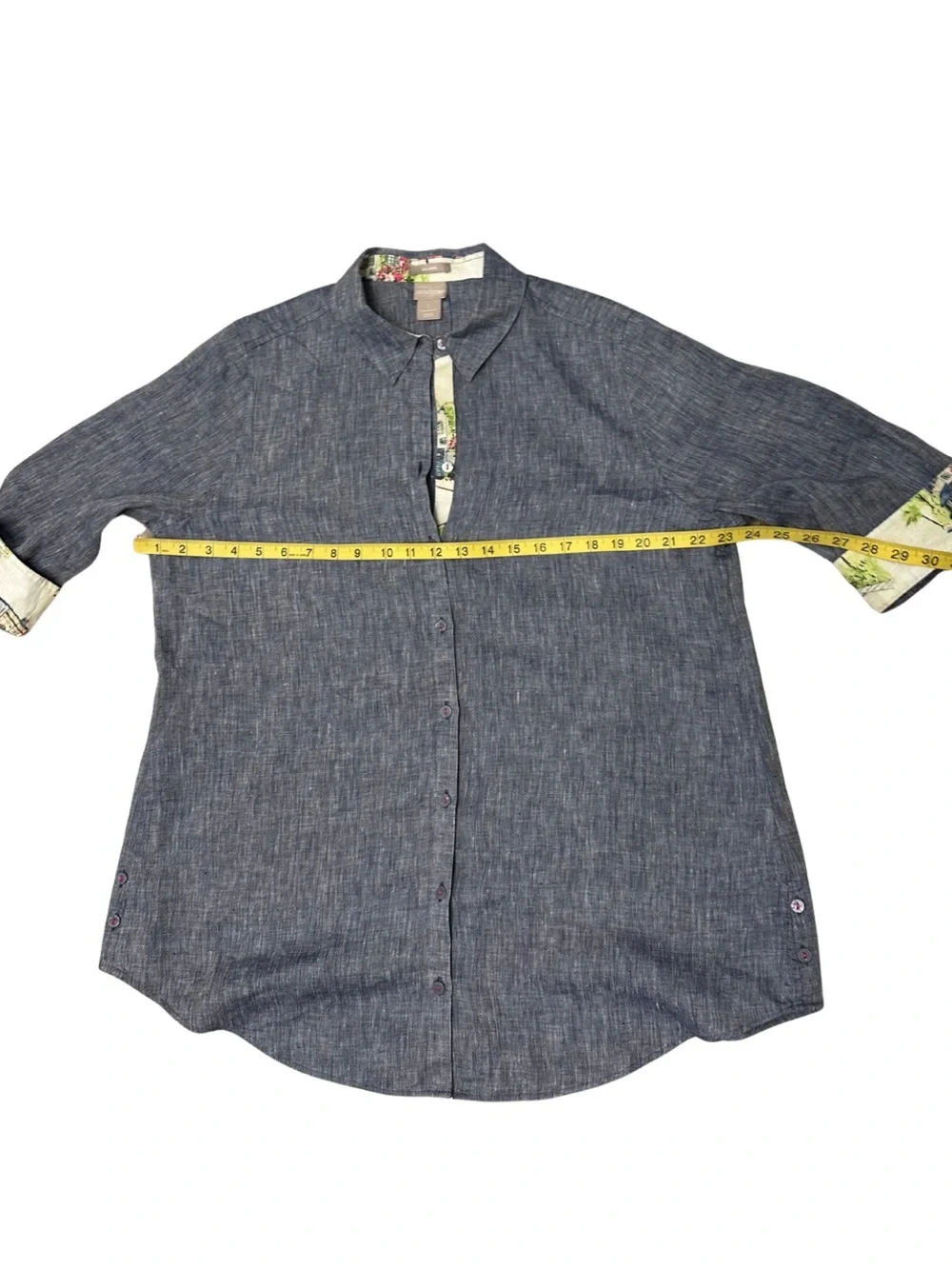 Chico’s No Iron 100% Linen Inner Beauty Tunic Shirt Floral Trim Size 2 L - Picture 9 of 11